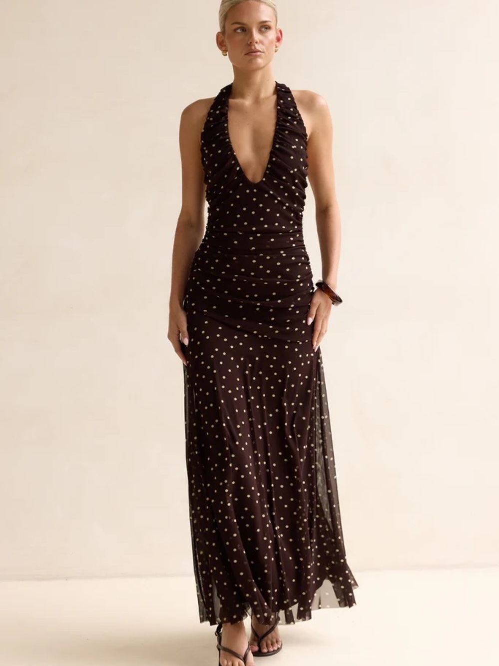 Deep V Halter Maxi Dress in Dark Brown Polka Dot